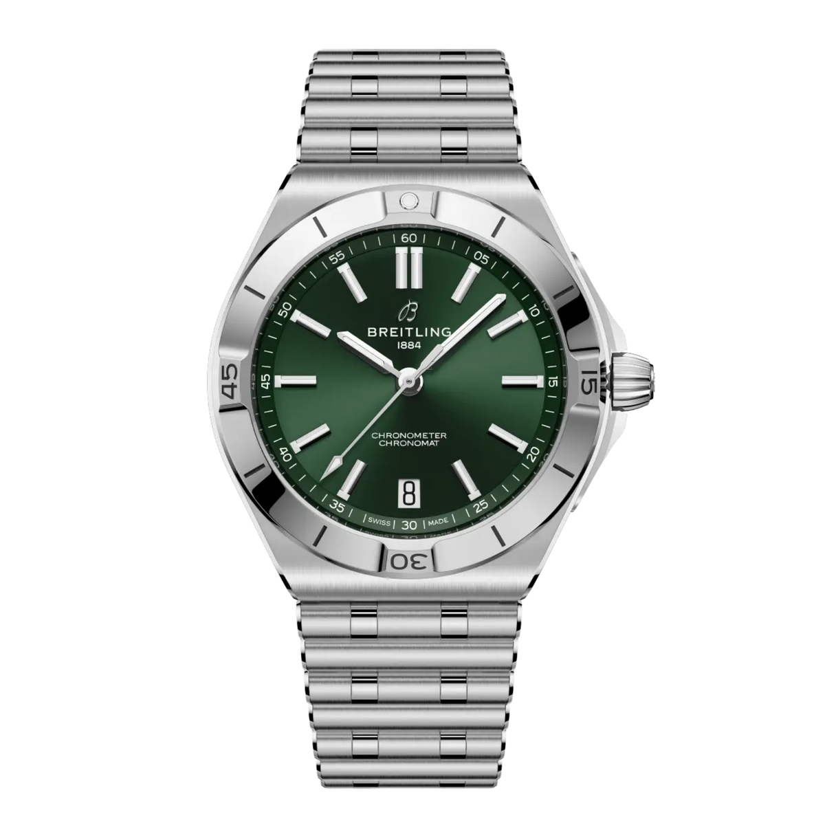 Breitling Chronomat B31 Automatic 40mm watch with green dial and stainless steel Rouleaux bracelet