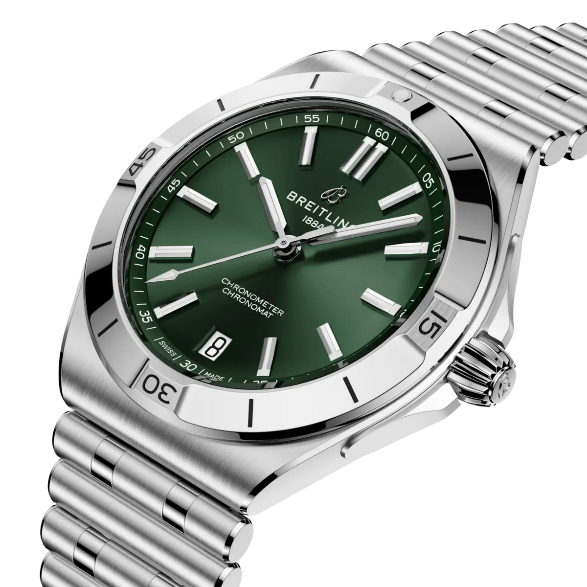 Breitling Chronomat B31 40mm automatic watch featuring a green dial and stainless steel case