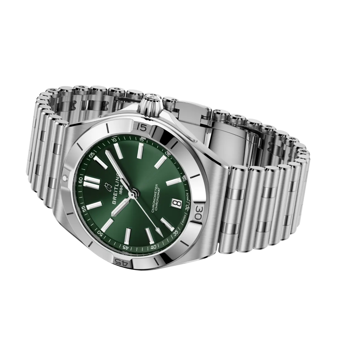 Breitling Chronomat B31 Automatic watch with green dial, steel case and signature Rouleaux bracelet