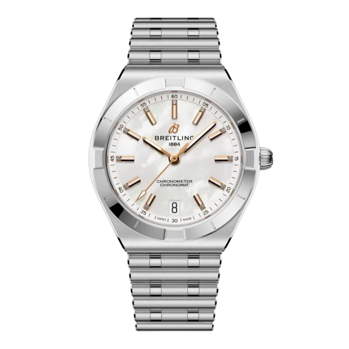 The Breitling Chronomat Automatic 36 is a refined Swiss timepiece that blends sporty character with elegant design. Its 36mm stainless steel case offers a balanced, versatile fit that works effortlessly for both everyday wear and more polished occasions.