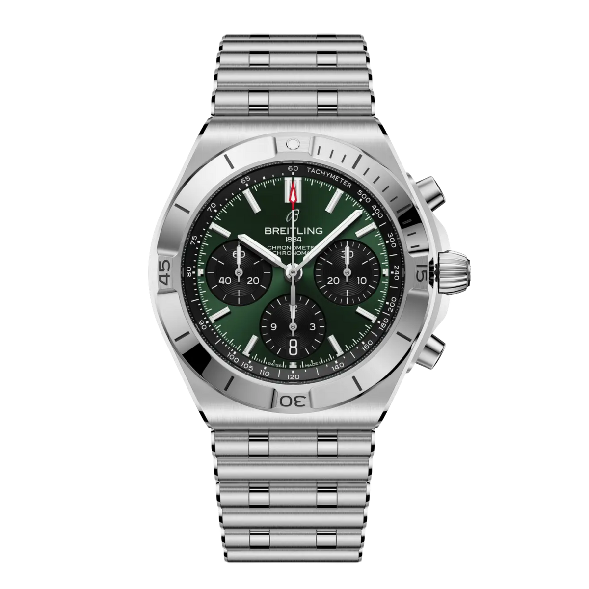 Breitling Chronomat B01 Chronograph 42mm automatic watch with green dial and stainless steel bracelet