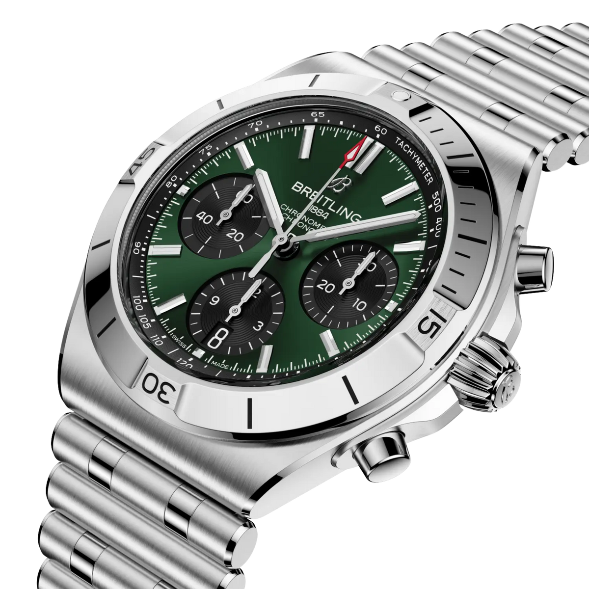 Breitling Chronomat B01 42mm men’s chronograph watch with green dial and signature Rouleaux bracelet