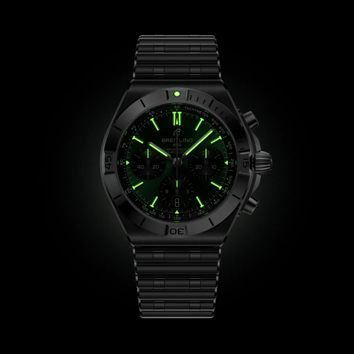 Breitling Chronomat 42mm Swiss automatic watch with green chronograph dial and steel Rouleaux bracelet