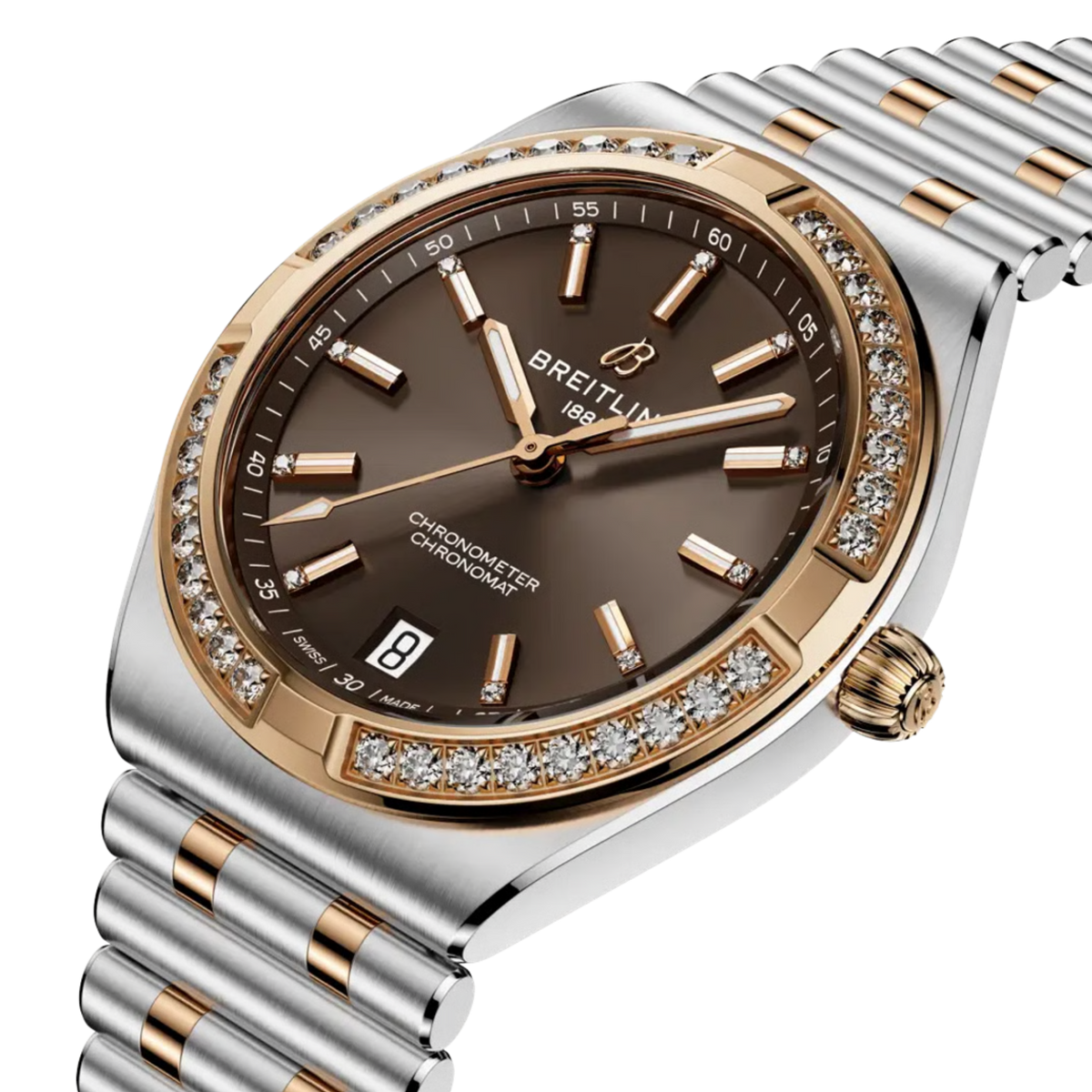 Angled view of the Breitling Chronomat highlighting its brown dial and diamond-set bezel.