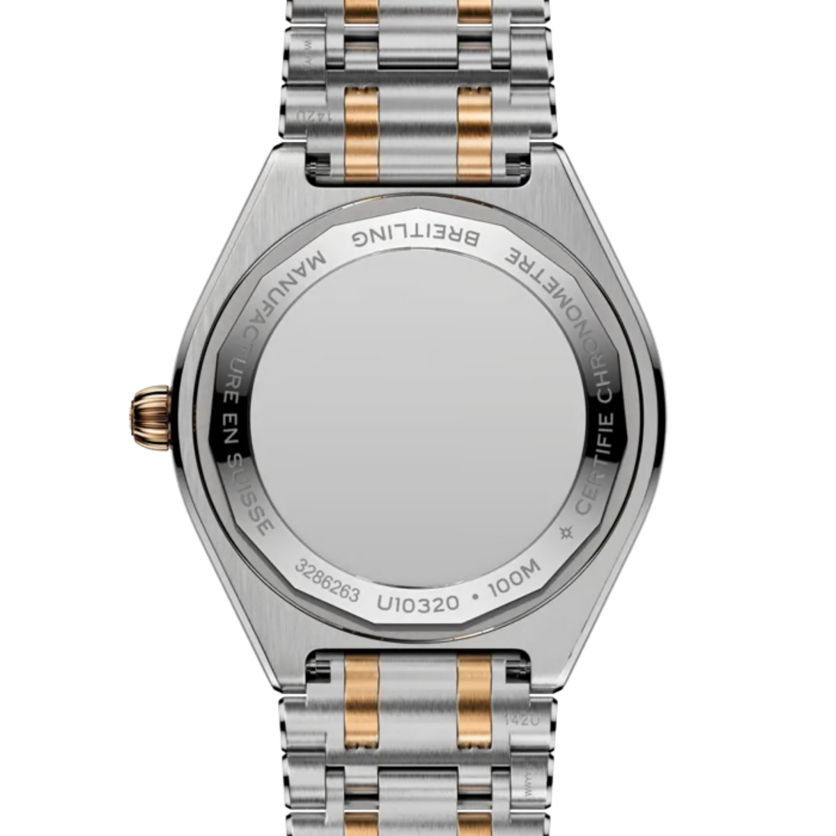 Caseback of the Breitling Chronomat with engraved stainless steel finish.
