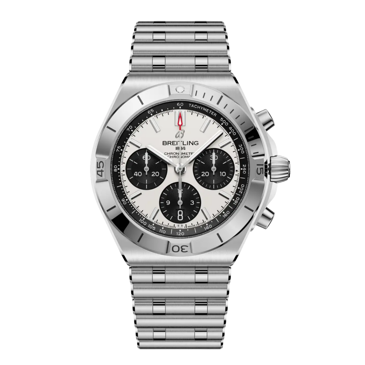 The Breitling Chronomat B01 42 combines a crisp white dial with a robust stainless steel case and bracelet, delivering a refined sports watch powered by the in-house Breitling 01 chronograph movement.