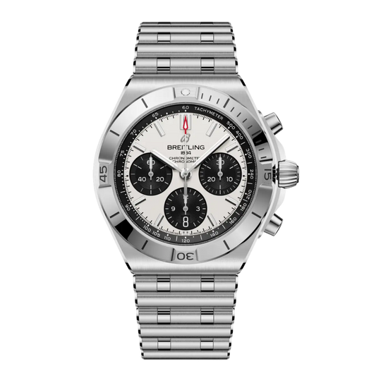 The Breitling Chronomat B01 42 combines a crisp white dial with a robust stainless steel case and bracelet, delivering a refined sports watch powered by the in-house Breitling 01 chronograph movement.