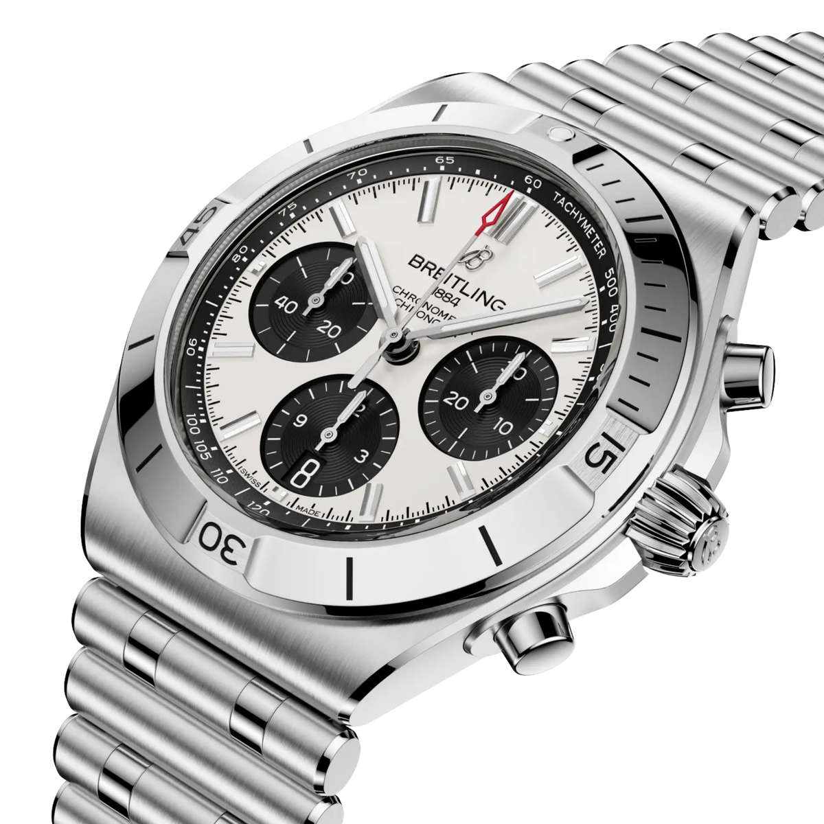 Confident, versatile and built for everyday adventure, this Breitling Chronomat B01 42 features a striking white dial, iconic Rouleaux bracelet and exceptional Swiss mechanical performance.