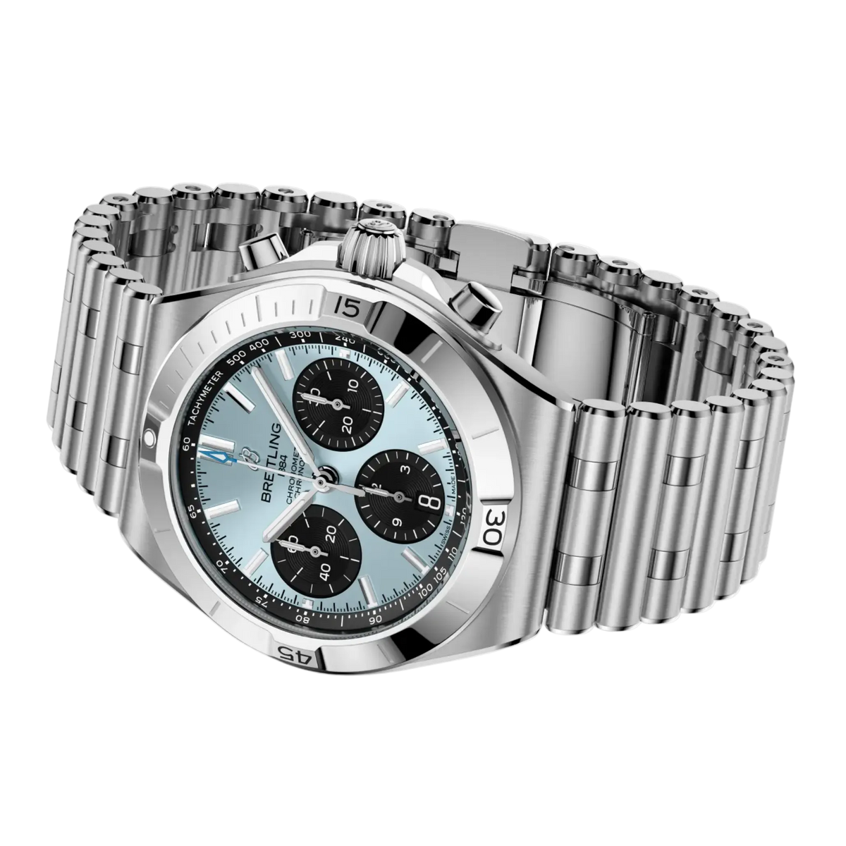 The blue dial is complemented by contrasting chronograph counters, applied index hour markers and a date display at 6 o'clock.