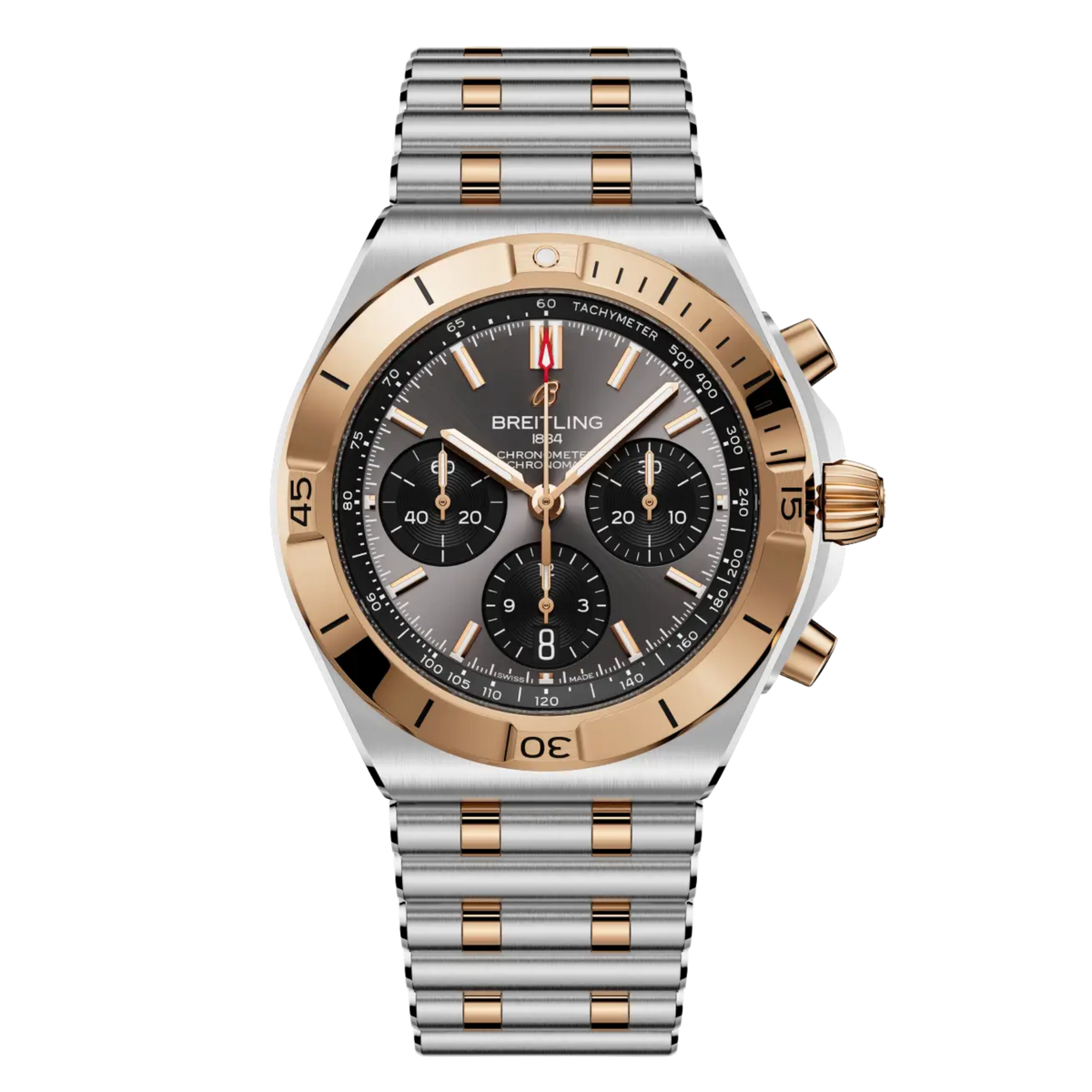 Breitling Chronomat B01 Chronograph 42mm with a grey dial, 18ct red gold detailing and stainless steel bracelet. Exceptional Swiss craftsmanship.