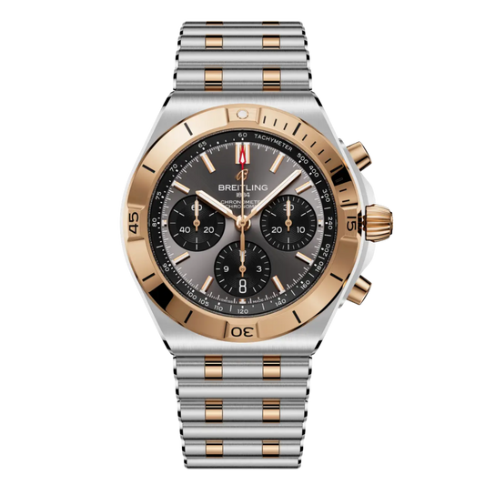Breitling Chronomat B01 Chronograph 42mm with a grey dial, 18ct red gold detailing and stainless steel bracelet. Exceptional Swiss craftsmanship.