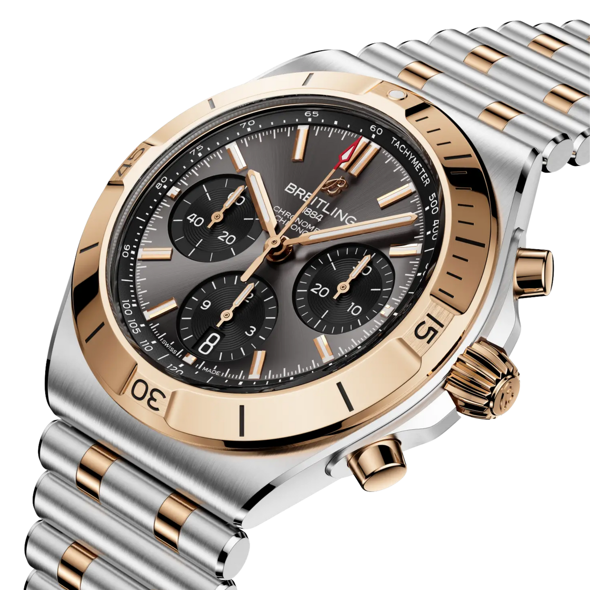 Breitling Chronomat B01 Chronograph 42mm watch featuring a striking grey dial, stainless steel and 18ct red gold case, and signature Rouleaux bracelet, powered by the Breitling Manufacture Calibre 01 automatic movement.