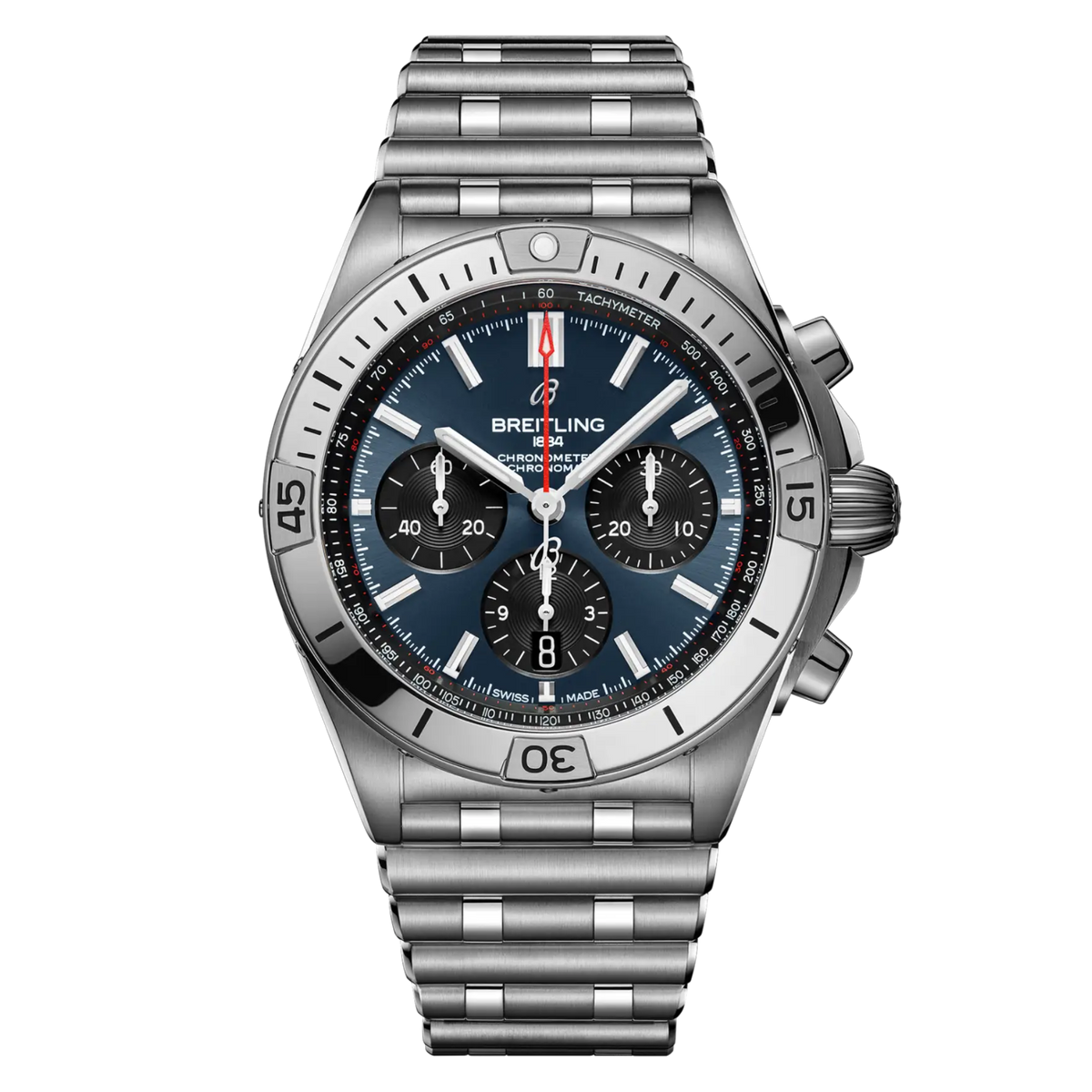 Breitling Chronomat chronograph blue dial watch stainless steel bracelet black subdials tachymeter scale