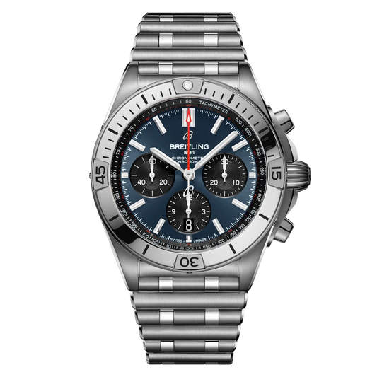 Breitling Chronomat chronograph blue dial watch stainless steel bracelet black subdials tachymeter scale