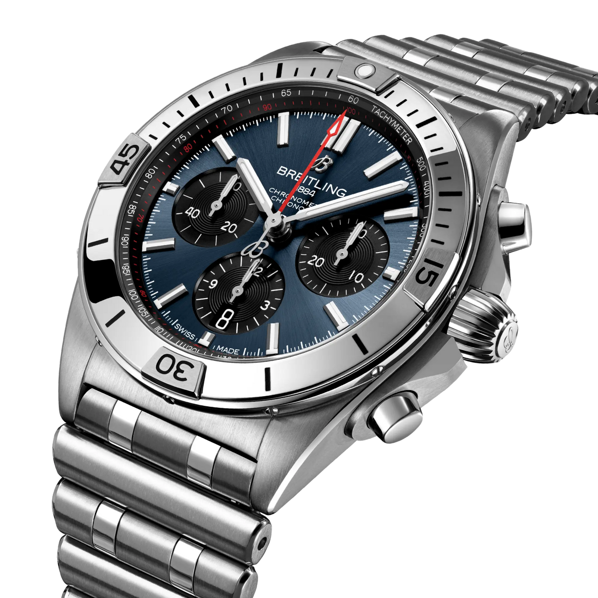 side view of Breitling Chronomat chronograph showing steel case pushers crown and tachymeter bezel detail