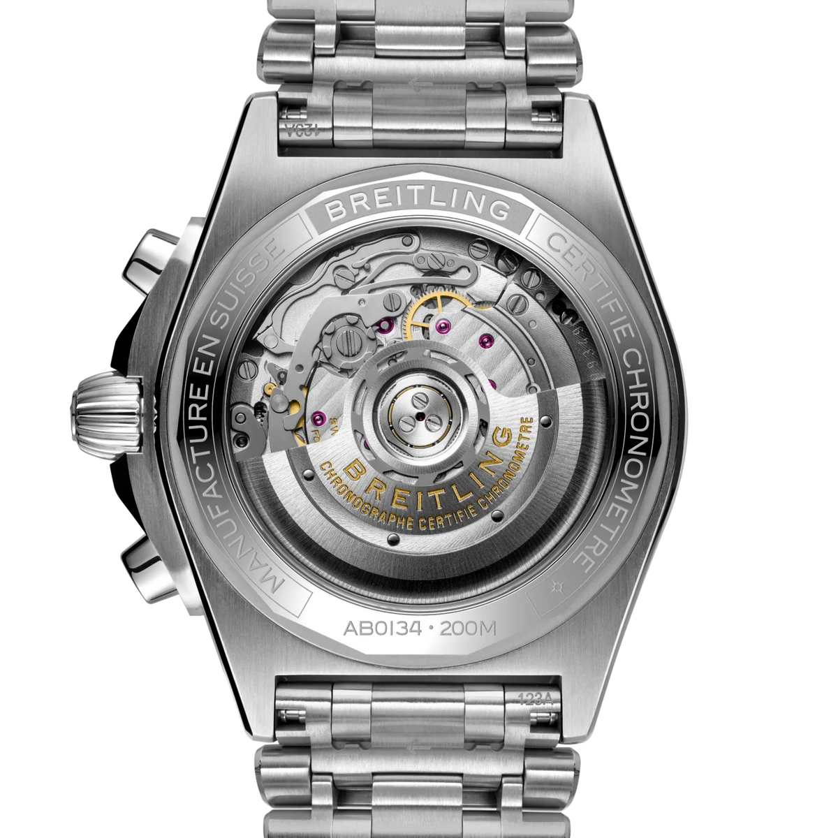 case back of Breitling Chronomat chronograph showing engraved stainless steel back and model detailing