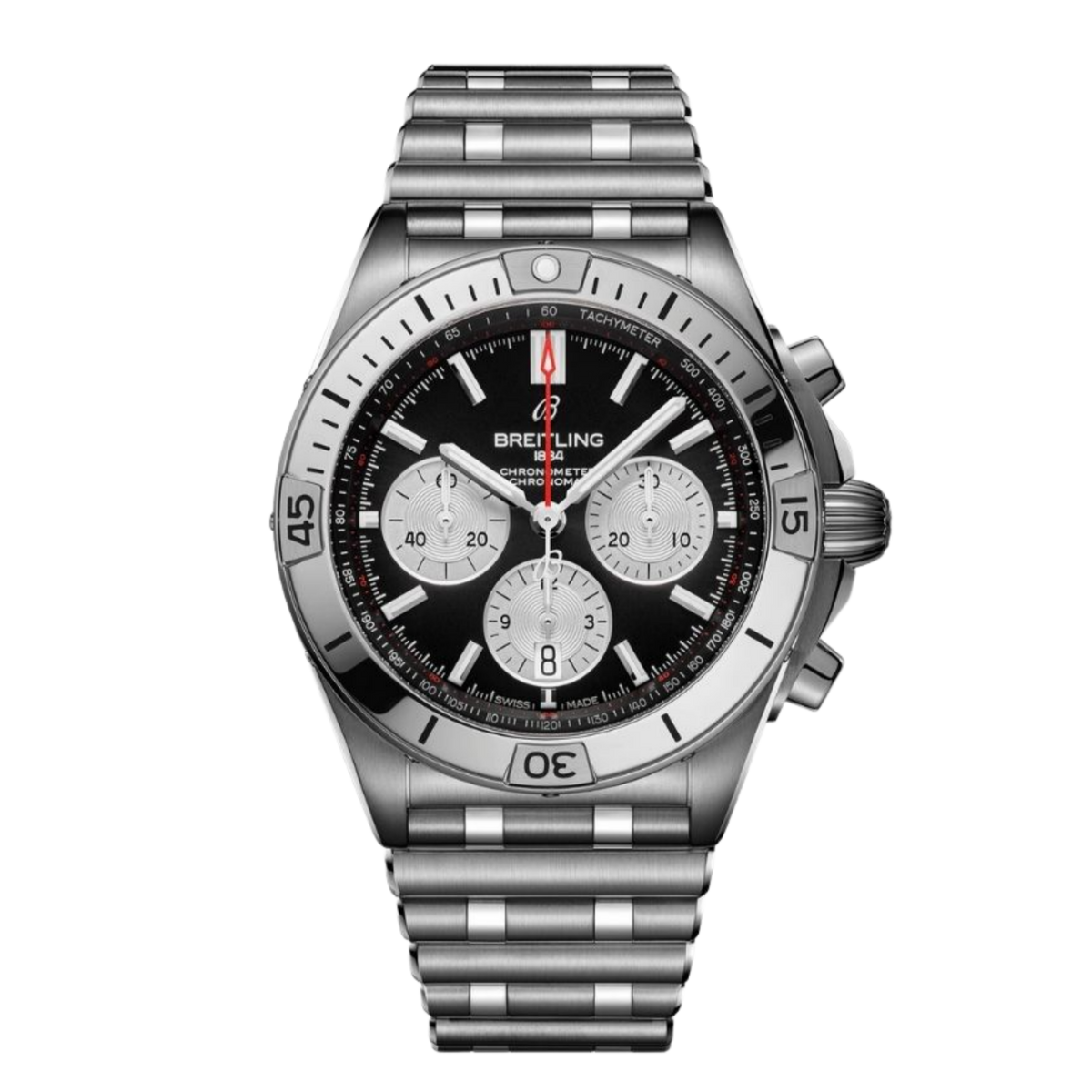 Breitling Chronomat chronograph black dial watch stainless steel bracelet silver subdials tachymeter scale