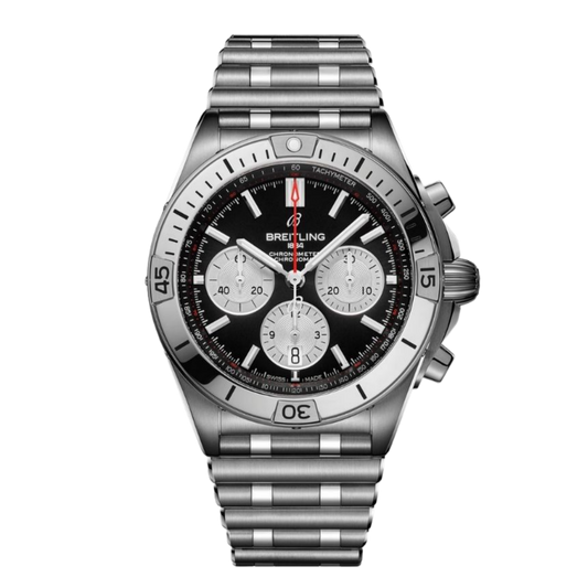 Breitling Chronomat chronograph black dial watch stainless steel bracelet silver subdials tachymeter scale