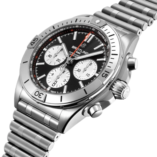 side view of Breitling Chronomat chronograph showing steel case pushers crown and tachymeter bezel detail