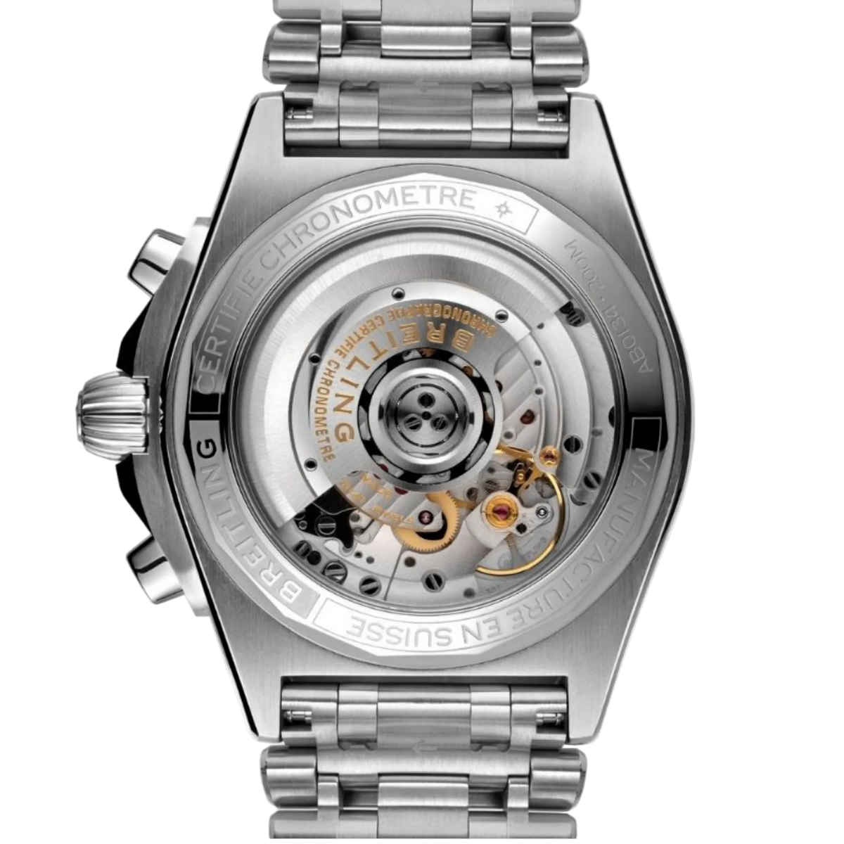 case back of Breitling Chronomat chronograph showing engraved stainless steel back and model detailing