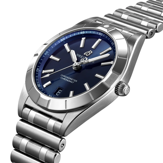 side view of Breitling Chronomat Automatic showing steel case crown and polished bezel detail
