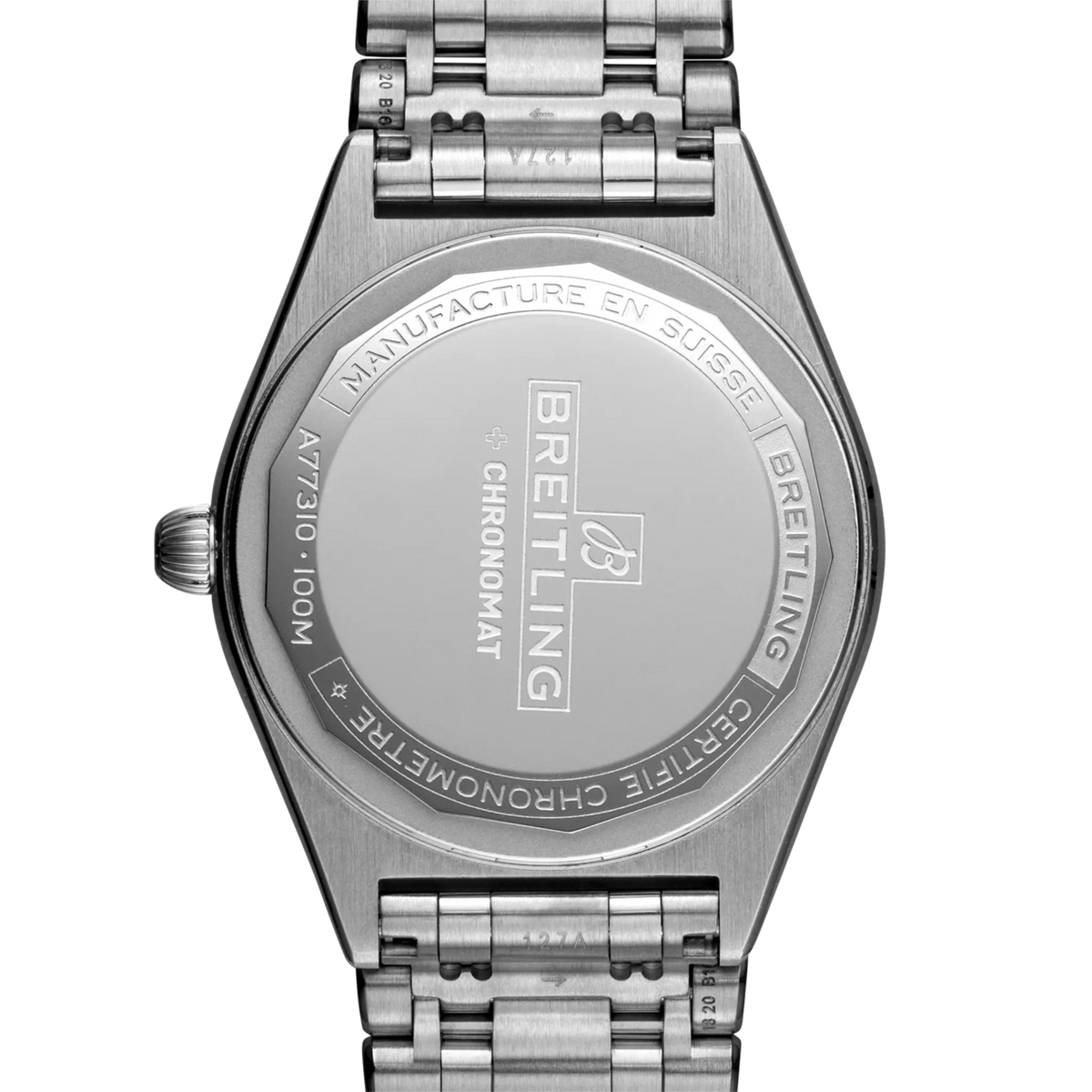 case back of Breitling Chronomat Automatic showing engraved stainless steel back and model detailing
