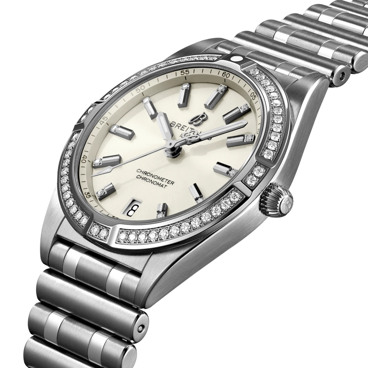 side view of Breitling Chronomat Automatic showing steel case crown and diamond set bezel detail