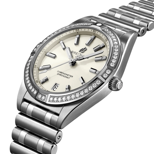side view of Breitling Chronomat Automatic showing steel case crown and diamond set bezel detail