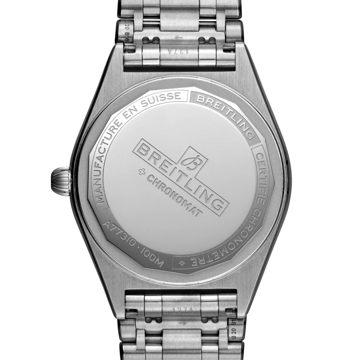 case back of Breitling Chronomat Automatic showing engraved stainless steel back and model detailing