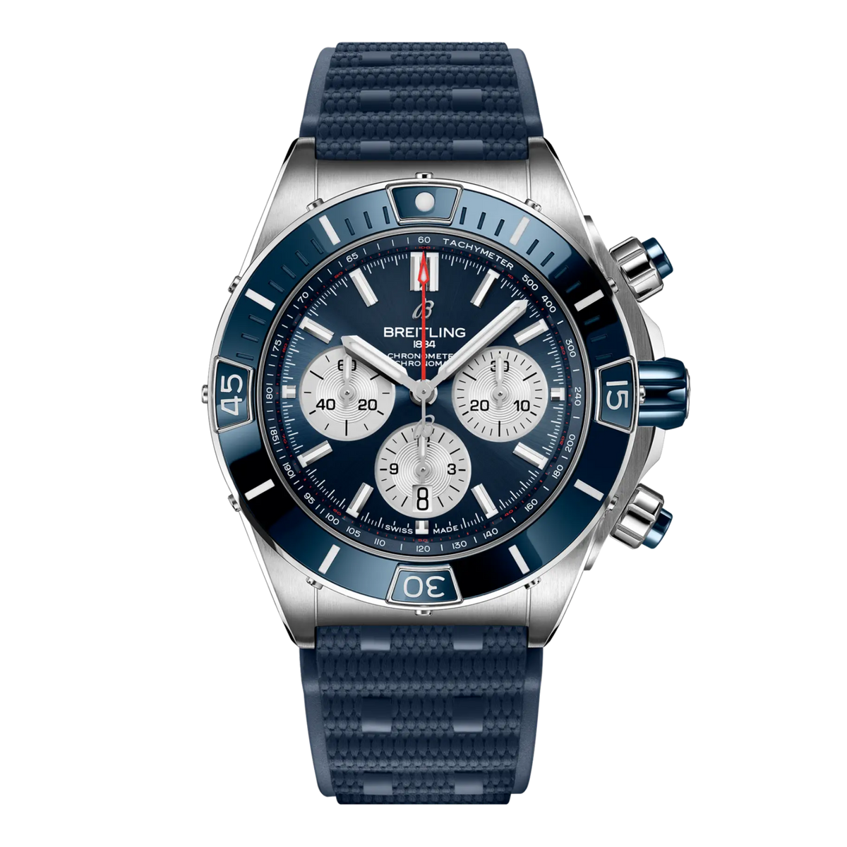 Breitling Super Chronomat B01 44 men's watch with a blue dial, stainless steel case, unidirectional bezel, chronograph subdials, and blue rubber strap.
