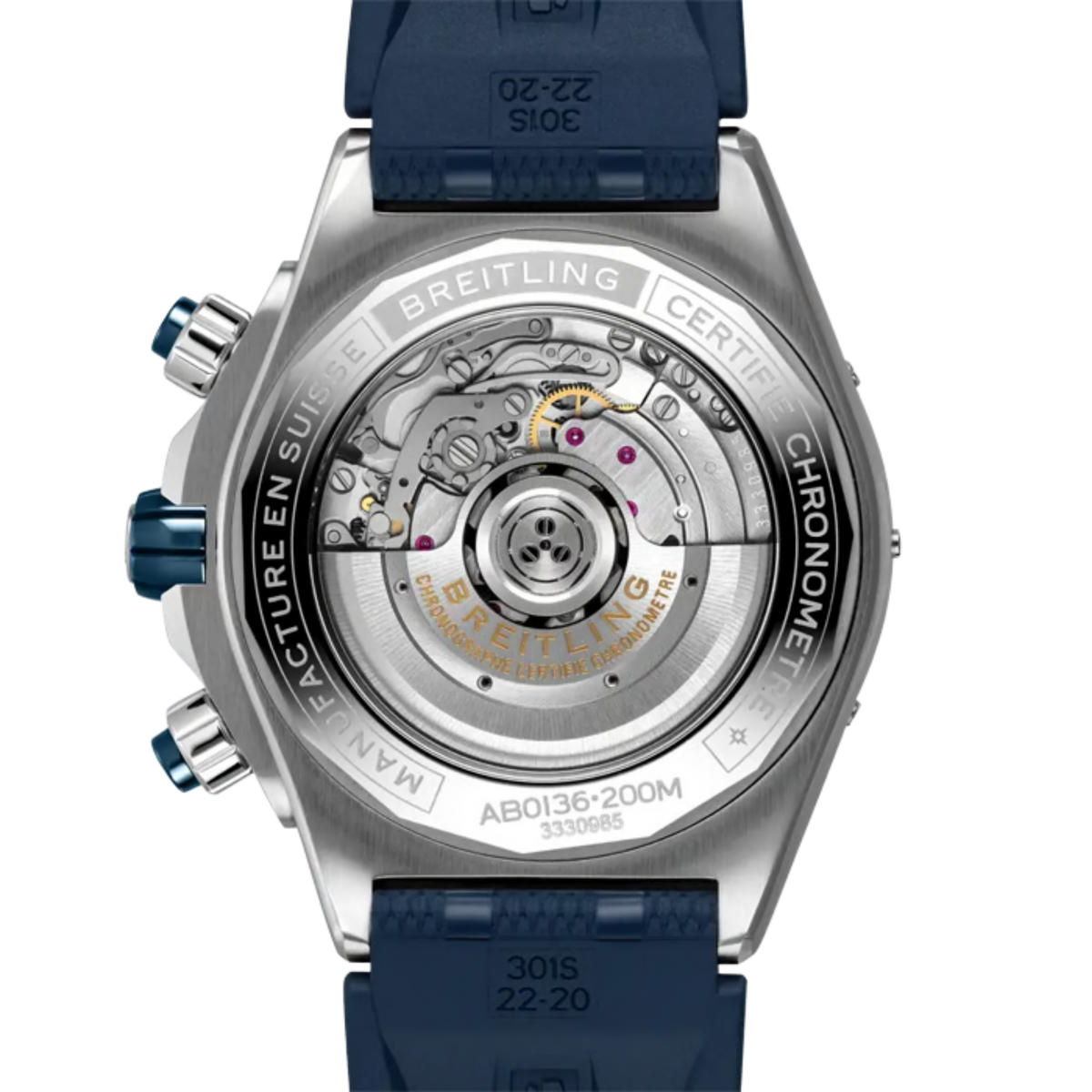 Case back of the Breitling Super Chronomat B01 44 showcasing the transparent sapphire crystal and Breitling Manufacture Caliber B01 automatic movement.