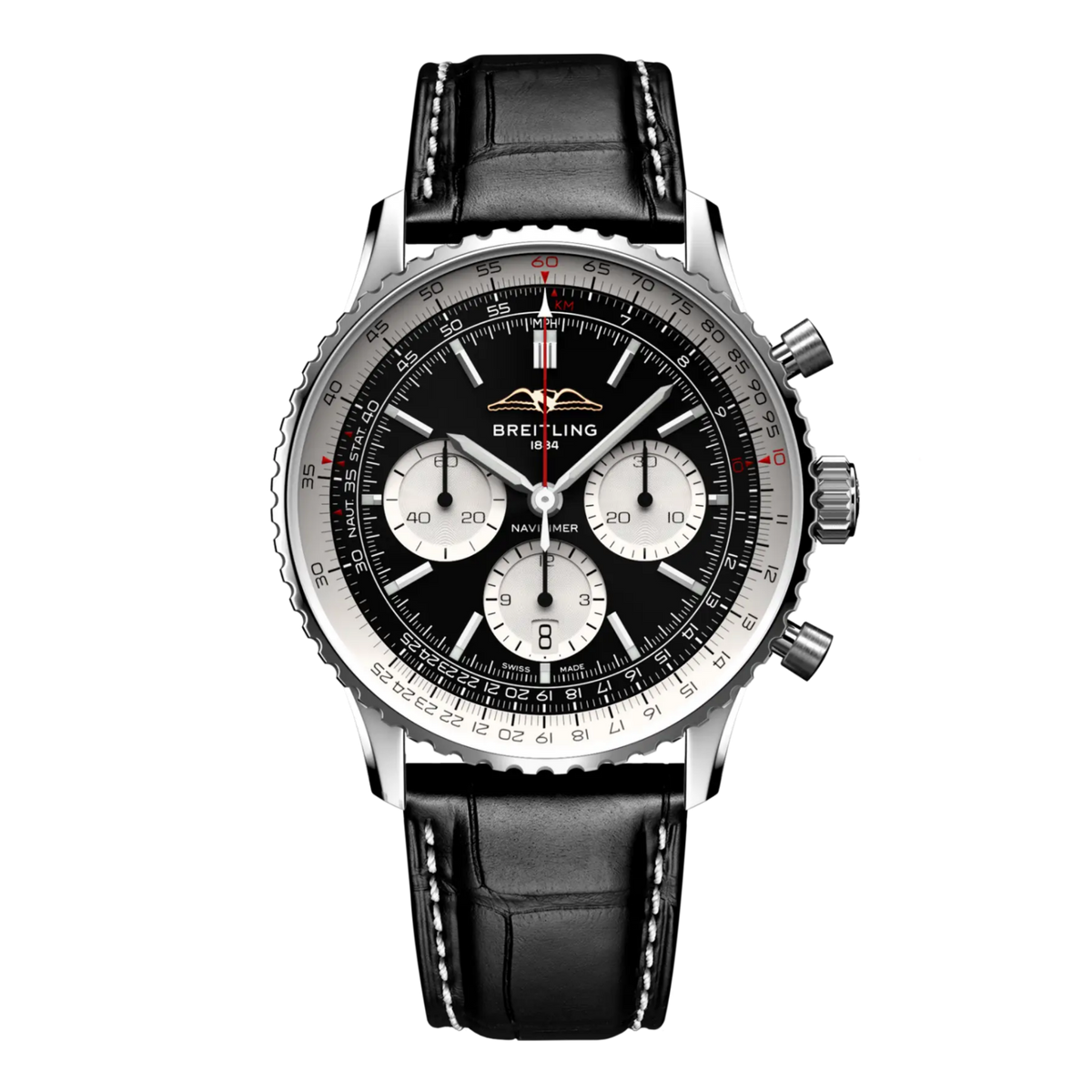 Breitling Navitimer chronograph black dial watch black leather strap silver subdials slide rule bezel