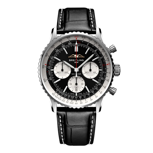 Breitling Navitimer chronograph black dial watch black leather strap silver subdials slide rule bezel