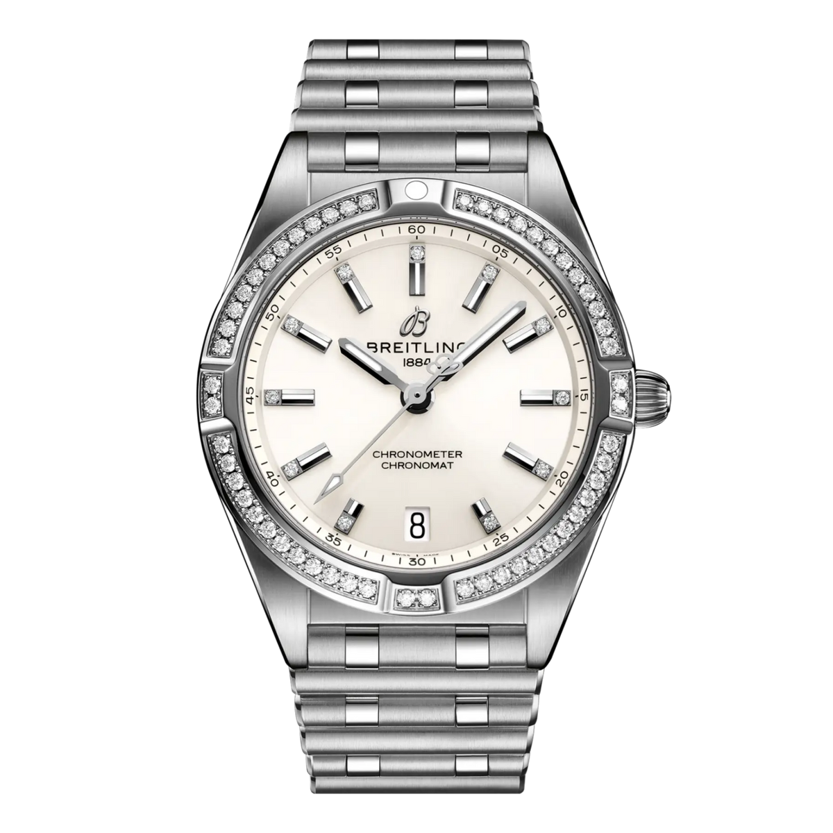 Breitling Chronomat Automatic cream dial watch diamond bezel stainless steel bracelet diamond hour markers