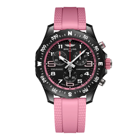 Breitling Endurance Pro chronograph black dial watch pink rubber strap compass bezel