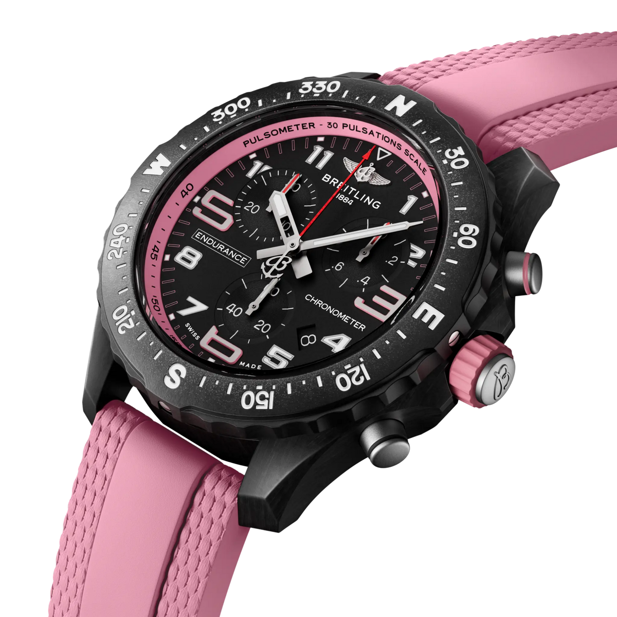 side view of Breitling Endurance Pro chronograph showing lightweight case pushers crown and compass bezel