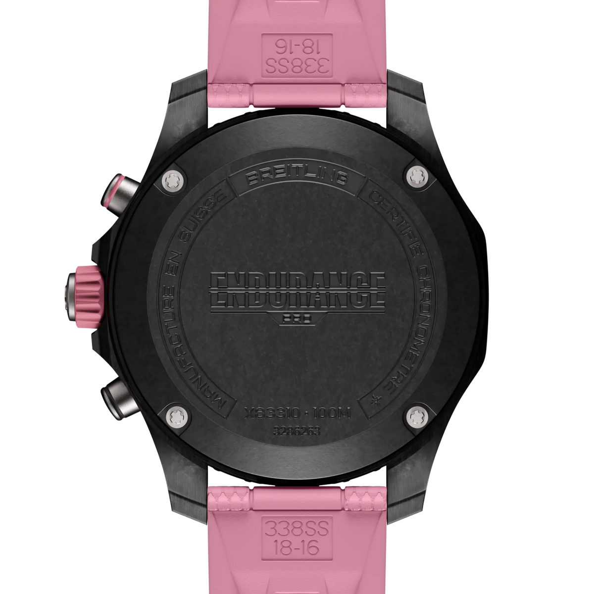 case back of Breitling Endurance Pro chronograph showing engraved case back and model detailing