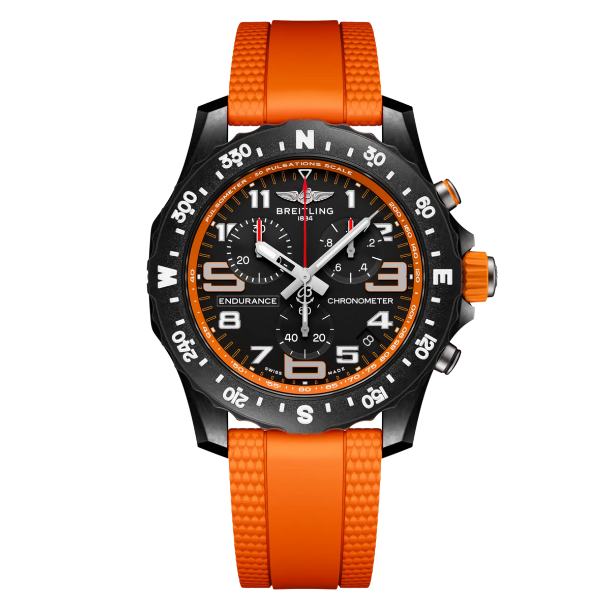 Breitling Endurance Pro chronograph black dial watch orange rubber strap compass bezel