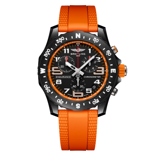 Breitling Endurance Pro chronograph black dial watch orange rubber strap compass bezel