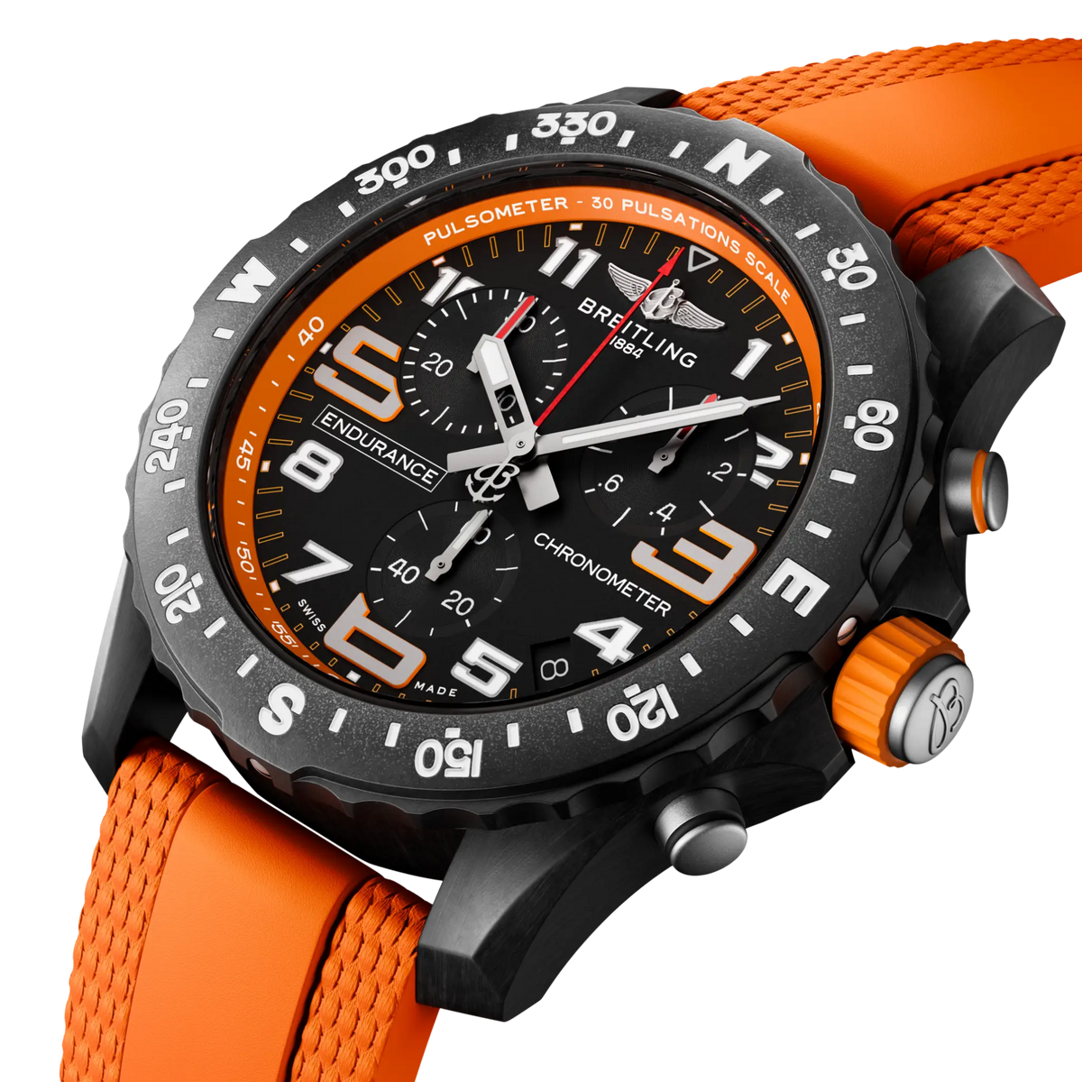 side view of Breitling Endurance Pro chronograph showing lightweight case pushers crown and compass bezel