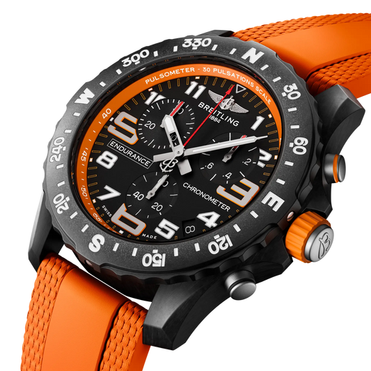 side view of Breitling Endurance Pro chronograph showing lightweight case pushers crown and compass bezel