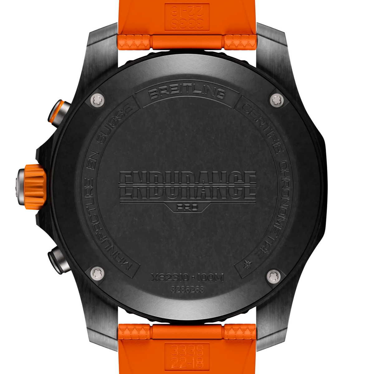 case back of Breitling Endurance Pro chronograph showing engraved case back and model detailing