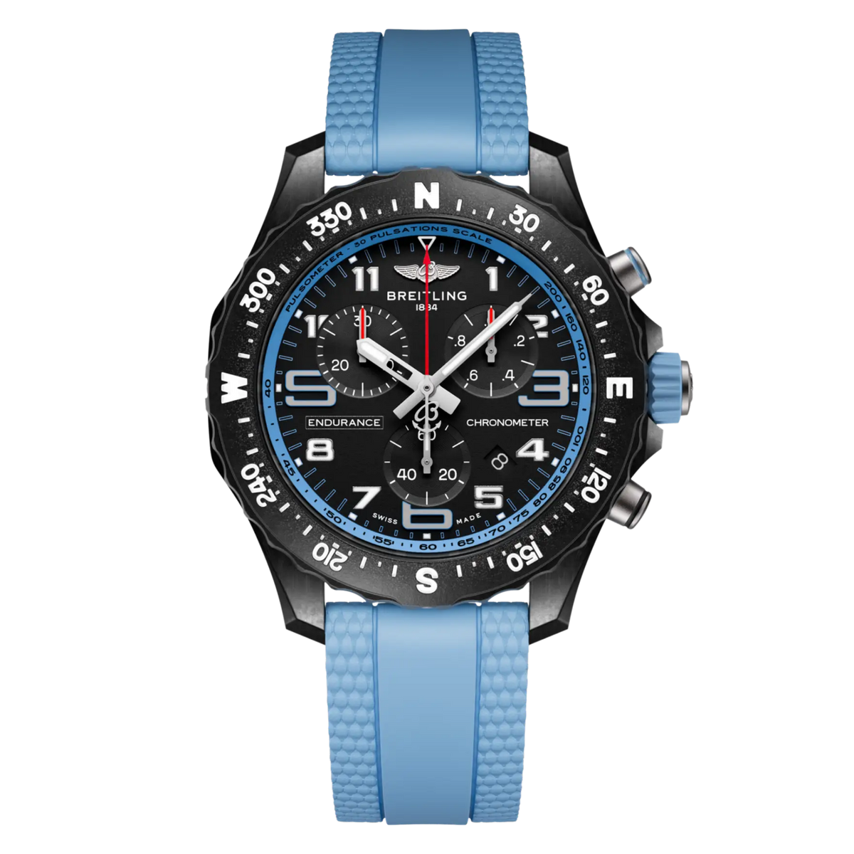 Breitling Endurance Pro chronograph black dial watch blue rubber strap compass bezel