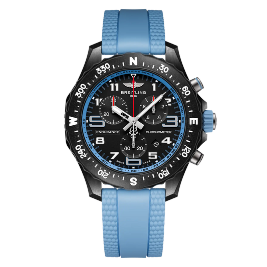 Breitling Endurance Pro chronograph black dial watch blue rubber strap compass bezel