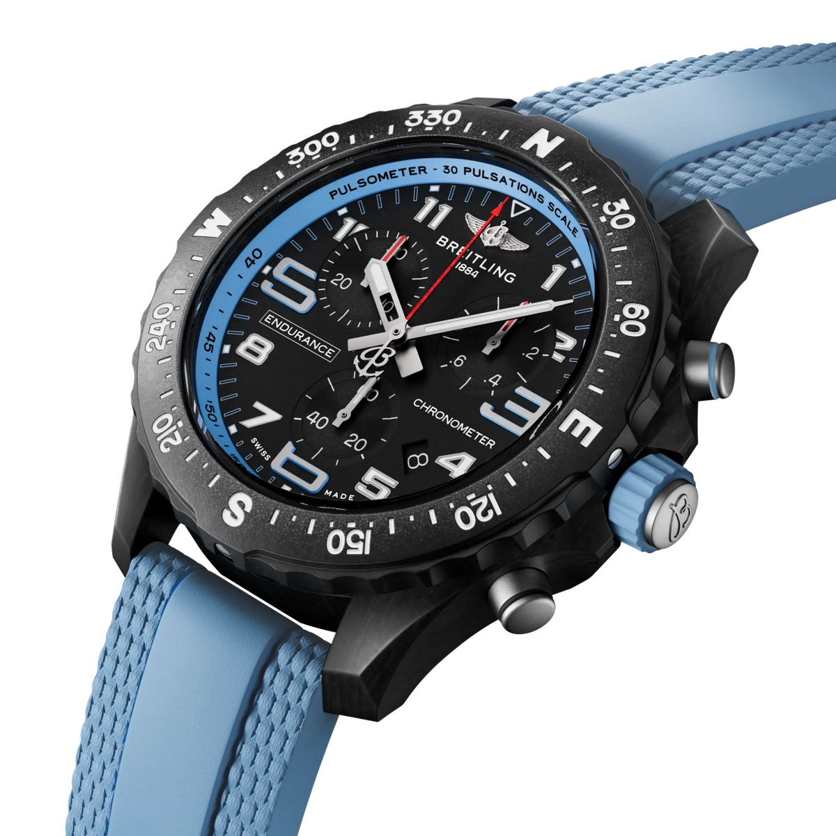 side view of Breitling Endurance Pro chronograph showing lightweight case pushers crown and compass bezel