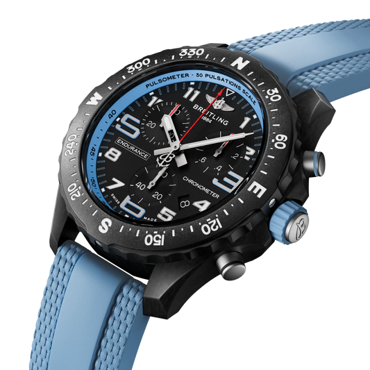 side view of Breitling Endurance Pro chronograph showing lightweight case pushers crown and compass bezel
