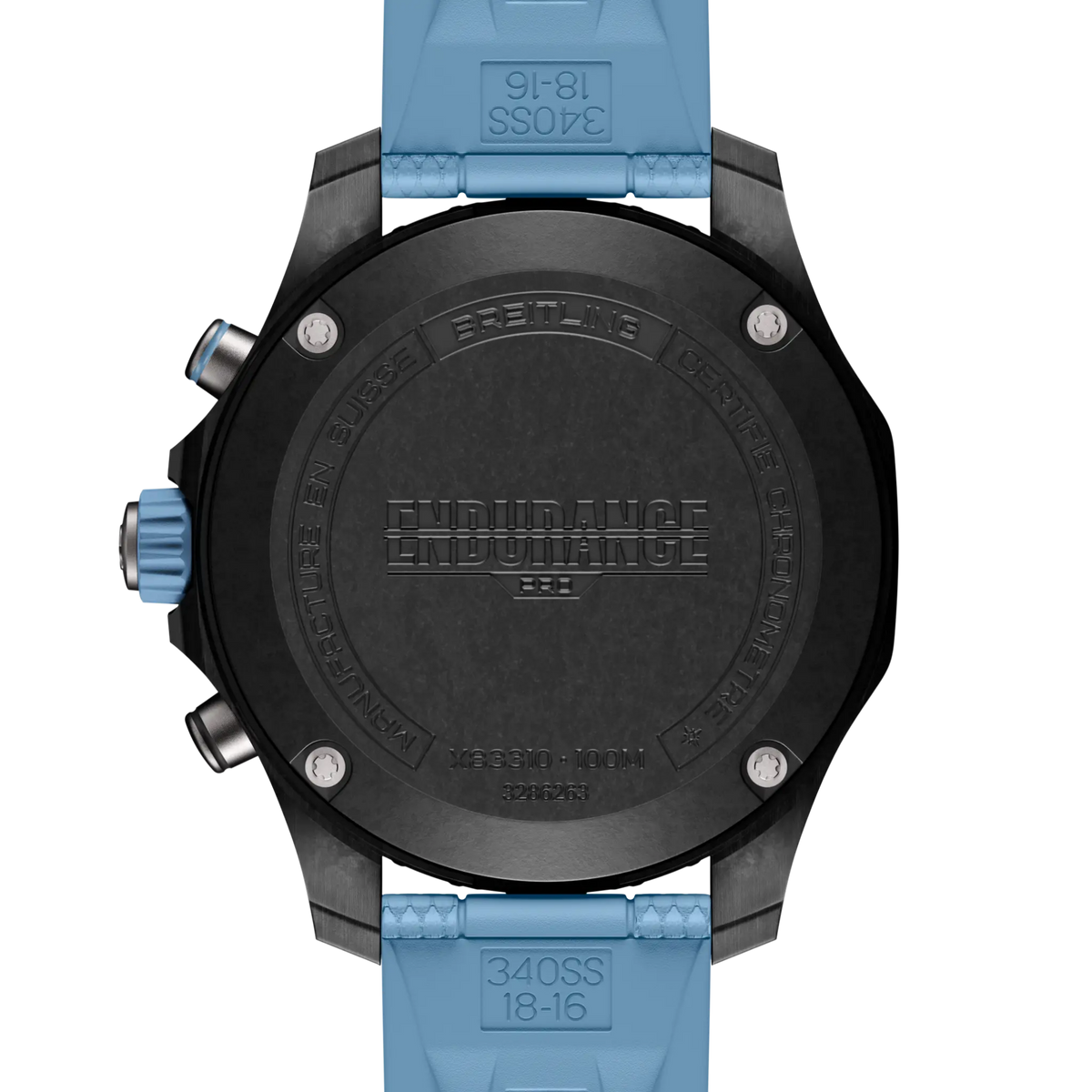 case back of Breitling Endurance Pro chronograph showing engraved case back and model detailing