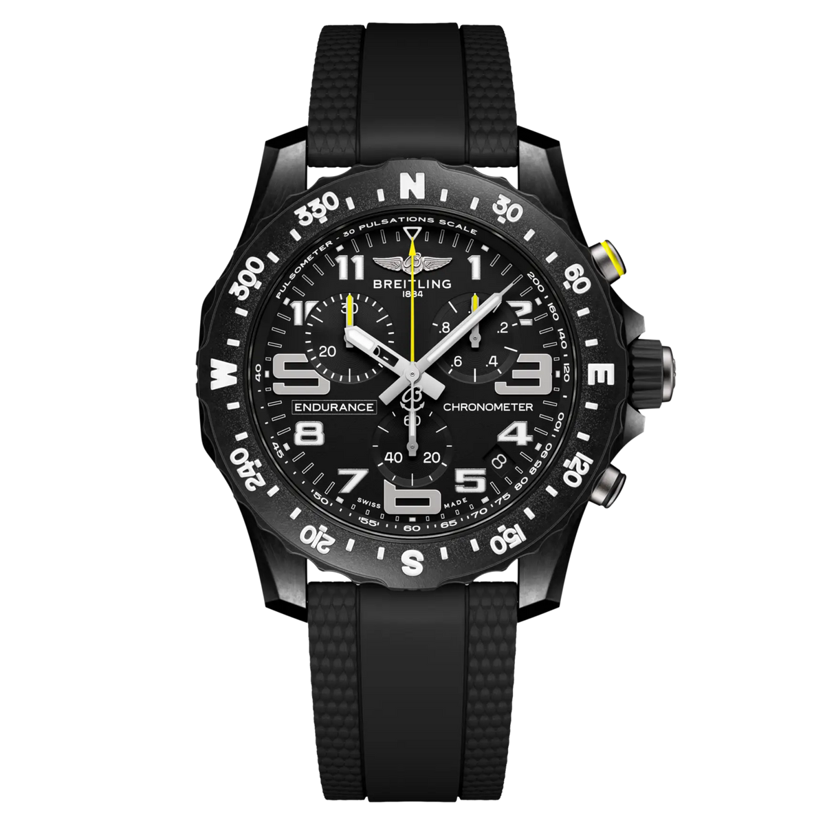 Breitling Endurance Pro chronograph black dial watch black rubber strap yellow accents compass bezel