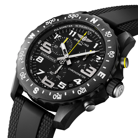 side view of Breitling Endurance Pro chronograph showing lightweight case pushers crown and compass bezel