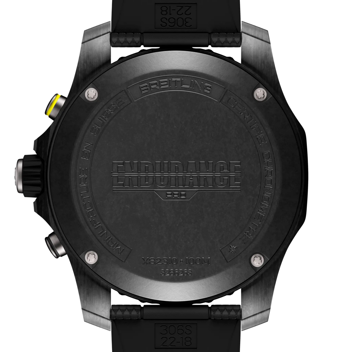 case back of Breitling Endurance Pro chronograph showing engraved case back and model detailing